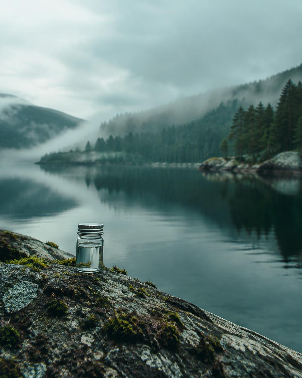 Prøveglass ved et stille vann i skogen